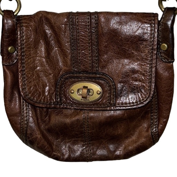 Fossil Maddox Brown Distressed Leather Long Live Vintage Chain Strap Baguette - Picture 5 of 16